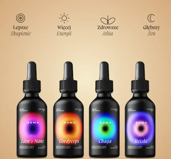 Cztery grzyby SOMA: Lion's Mane na skupienie, Cordyceps na energię, Chaga na jelita, Reishi na sen