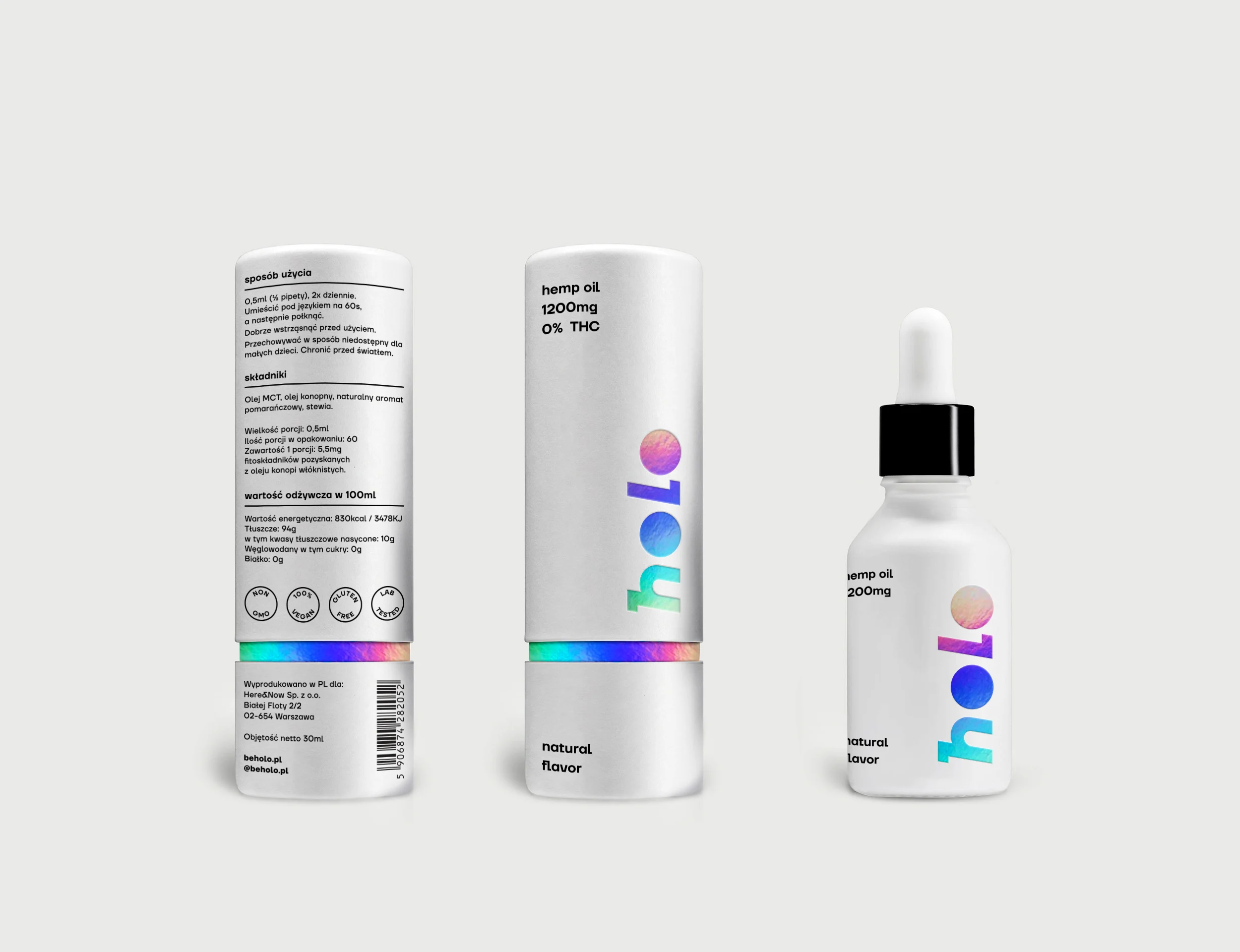Packaging Holo - tył i front tuby oraz butelka z holograficzną folią